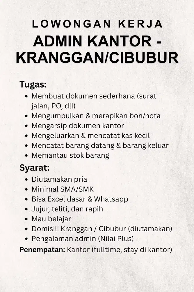 Butuh Admin Kantor – Domisili Kranggan / Cibubur