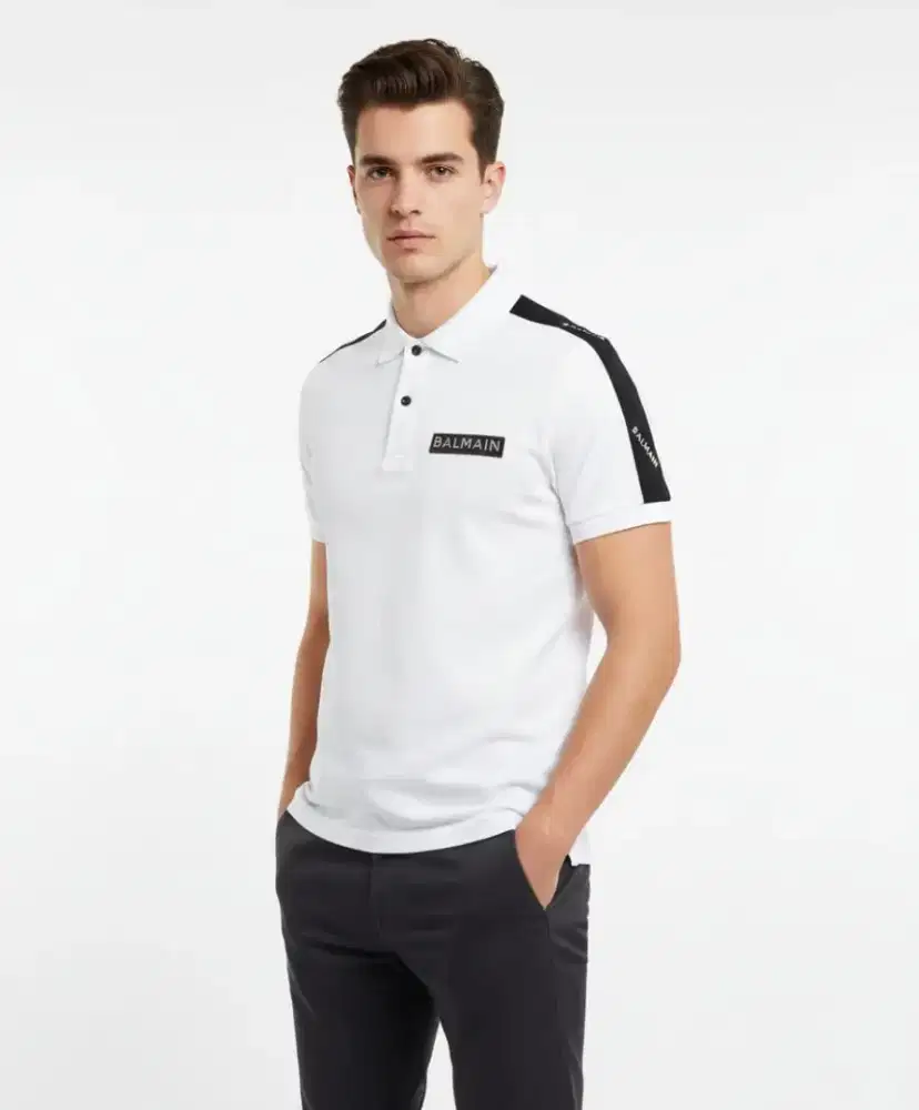 Kaos polo shirt BALMAIN White colour Tapped Path Bordir Size XXL