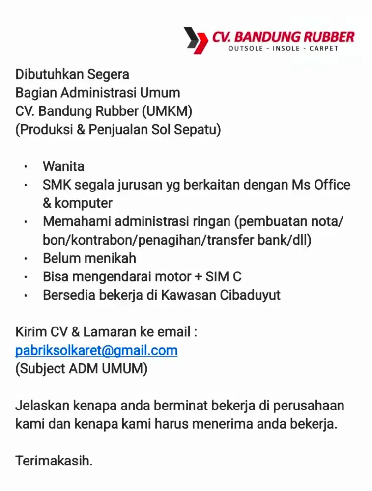 Lowongan kerja administrasi umum di Cibaduyut Bandung
