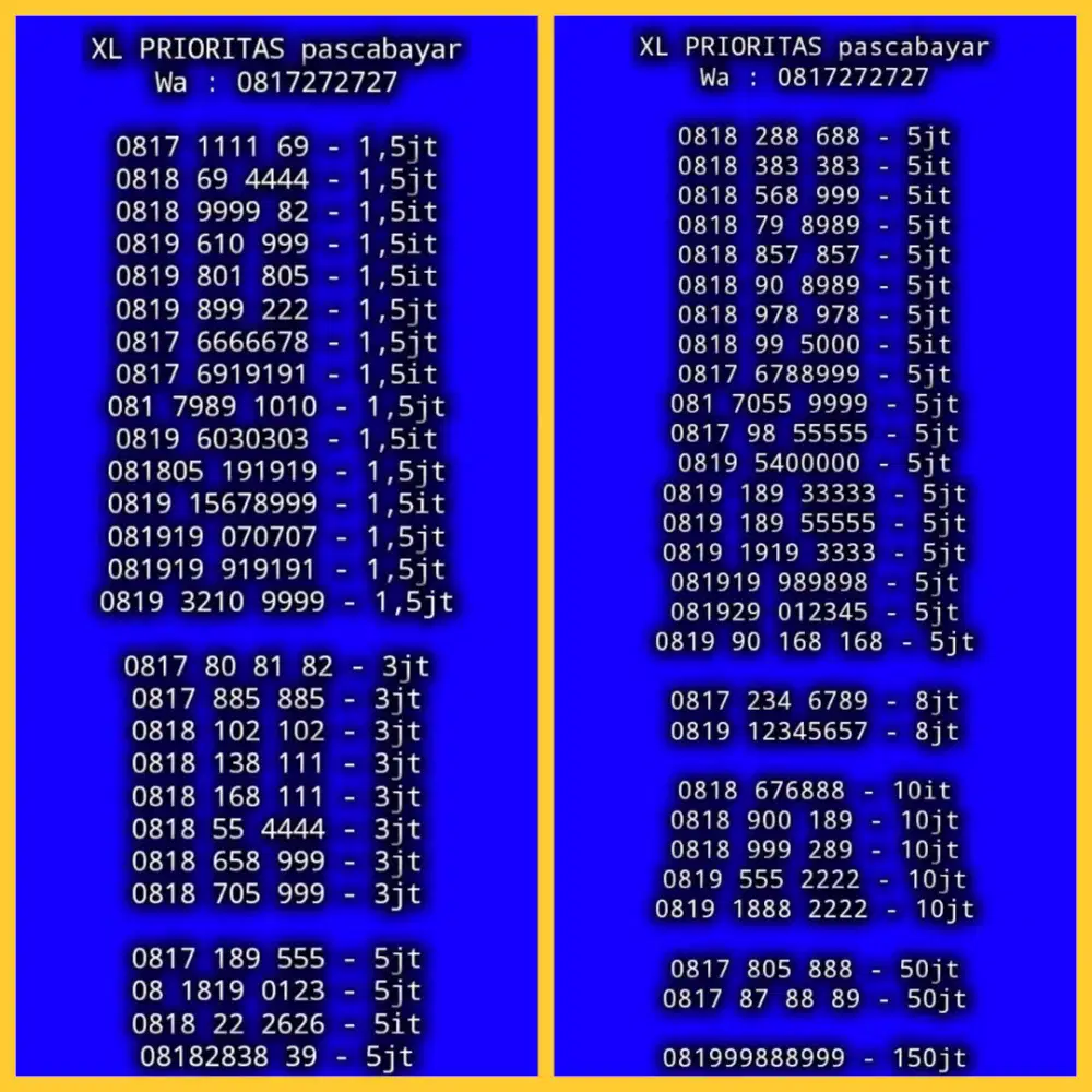 NOMOR CANTIK XL PRIORITAS PASCABAYAR