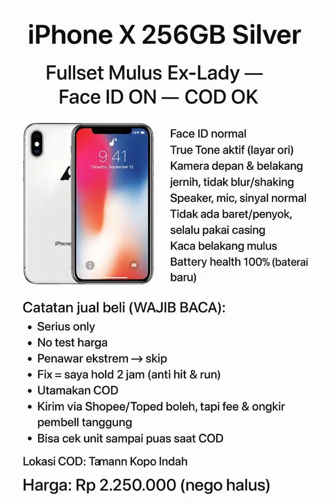 iPhone X 256GB Silver — Fullset Mulus Ex-Lady — Face ID ON — COD OK