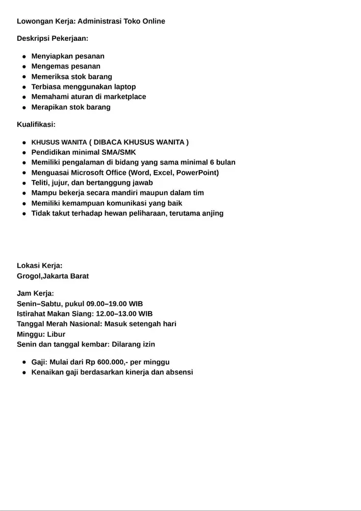 [Khusus Wanita] Dibutuhkan Admin Online Shop Minimal Pengalaman 1thn