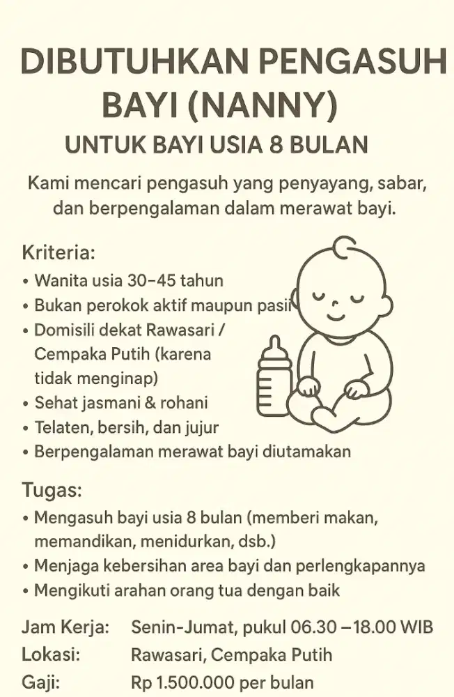 Dibutuhkan Pengasuh Bayi Usia 8 Bulan
