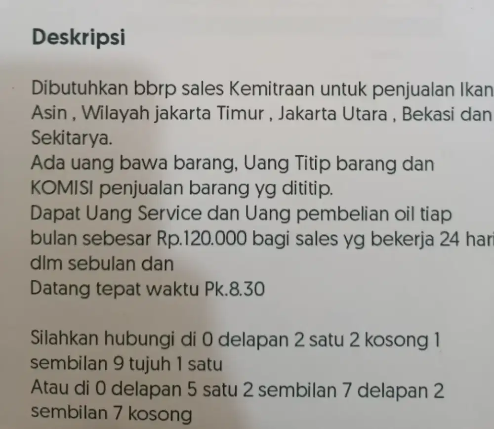 Di cari penjaga toko dan sales penjualan