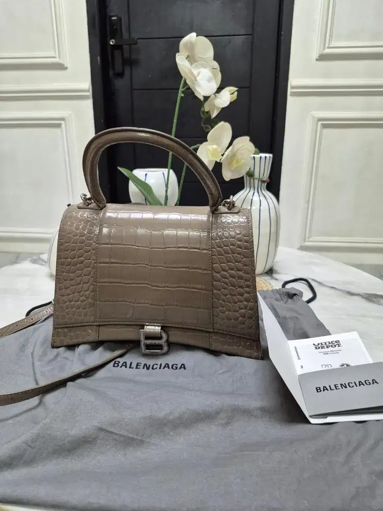 Balenciaga Hourglass Leather Tote Croc-Effect Brown