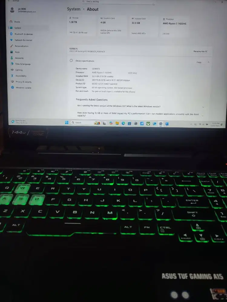 Jual Murah Notebook ASUS TUF Gaming A15 AMD Ryzen7 SSD1.38TB RAM32GB