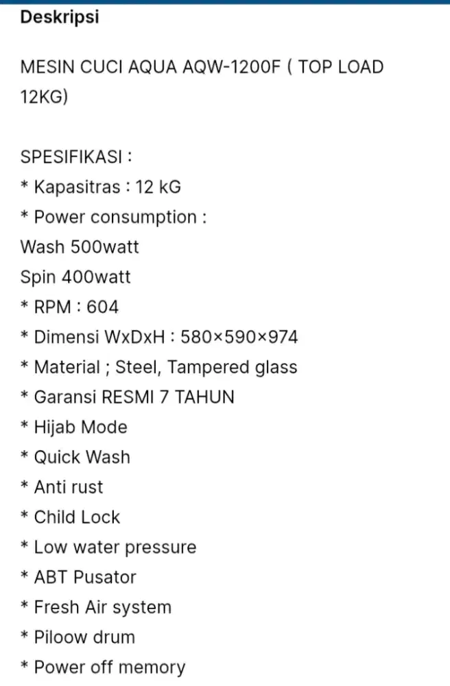 Mesin Cuci AQUA AQW 1200F (12 KG)