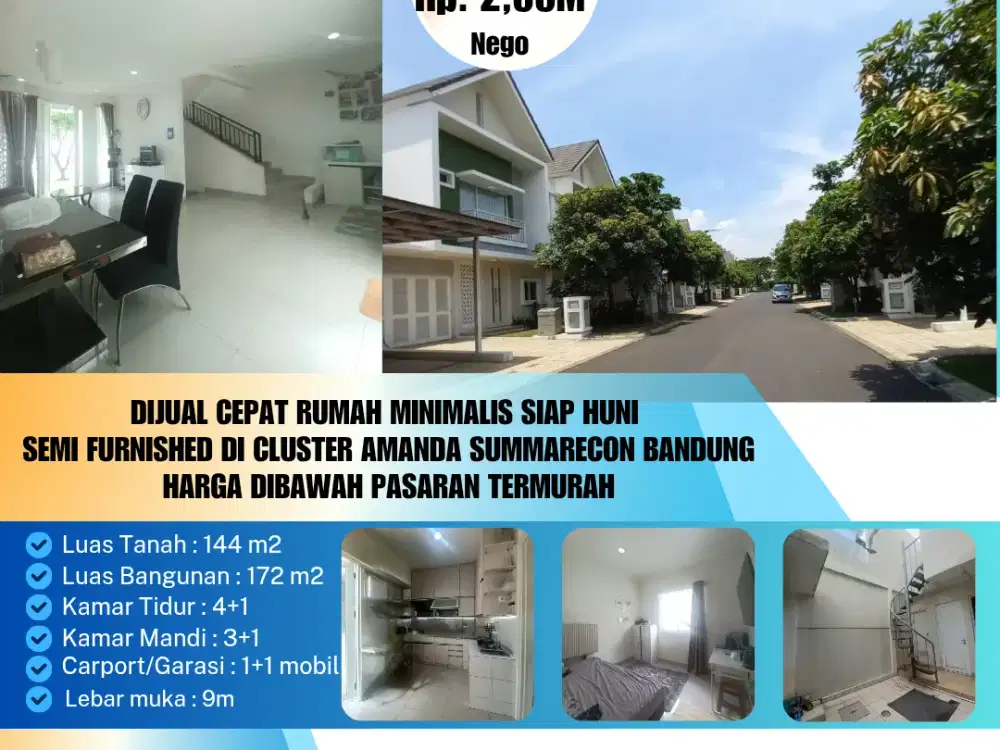 Dijual cepat rumah minimalis siap huni 
semi furnished Di cluster amanda Summarecon bandung
Harga dibawah pasaran termurah