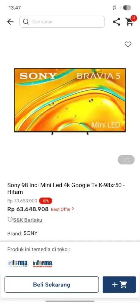Ready stok tv 98 inc aony google tv