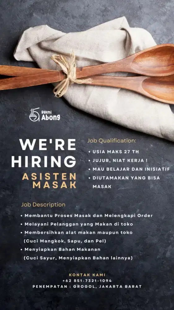 Dibutuhkan asisten masak/dapur