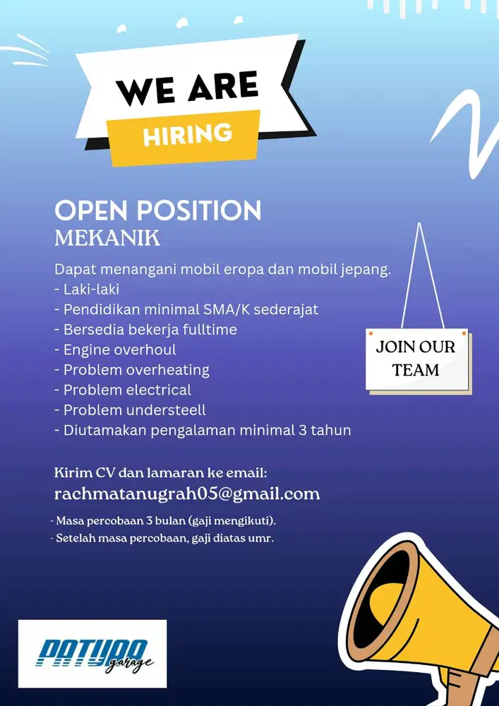 Dicari! Mekanik untuk domisili Surabaya.