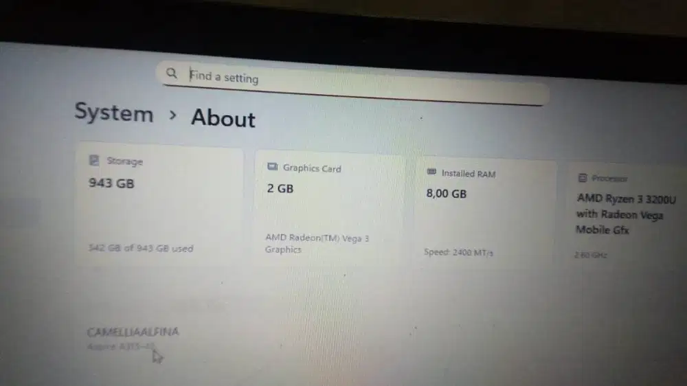 Acer Aspire 3 AMD Ryzen 3 RAM 8GB Storage SSD 500GB, HDD 500GB