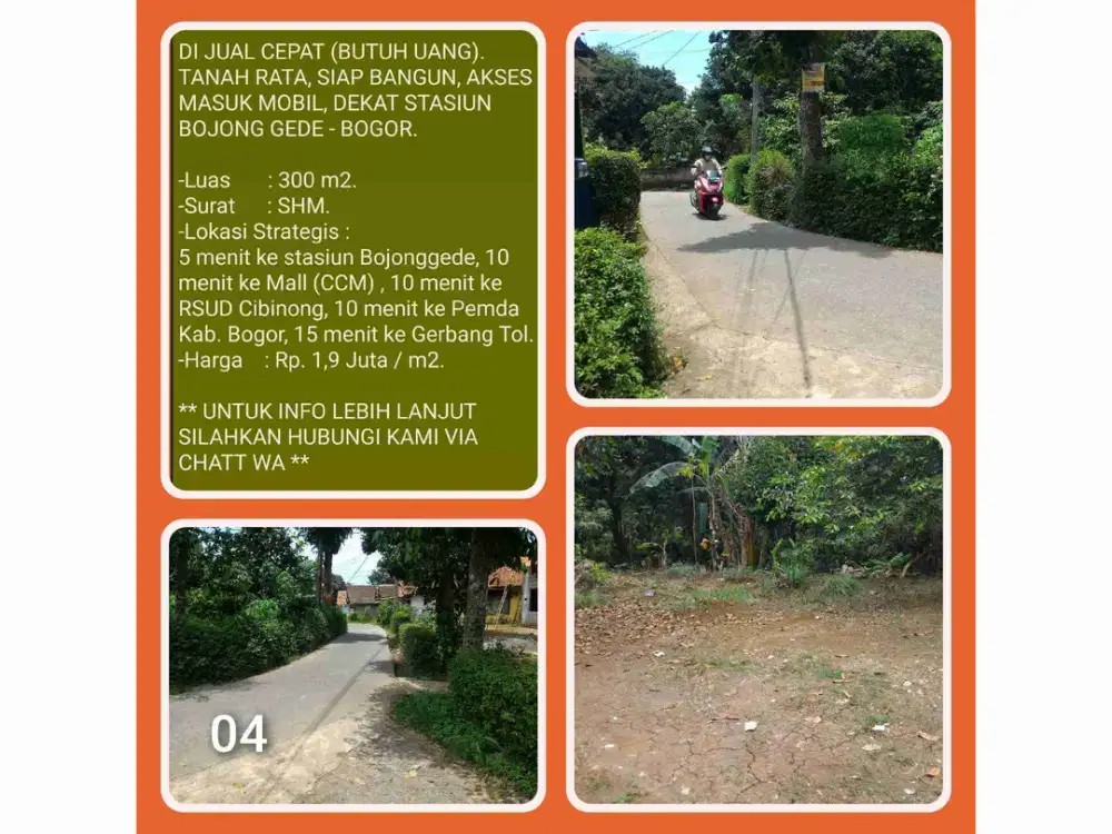 Tanah rata Strategis Murah 300m2 SHM dekat Stasiun di Bojonggede-Bogor. 04