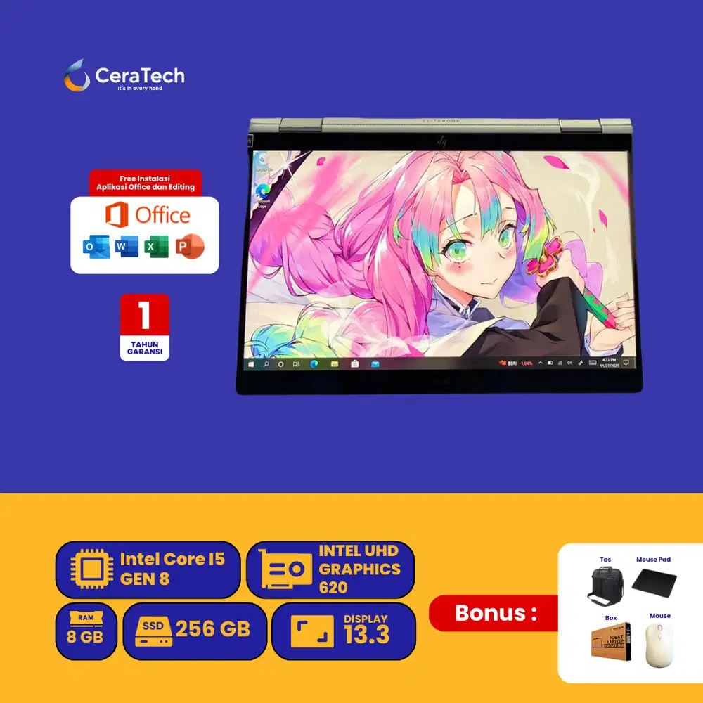 LAPTOP HP ELITEBOOK X360 1030 G3 INTEL CORE I5 GEN 8 RAM 8 GB SSD 256