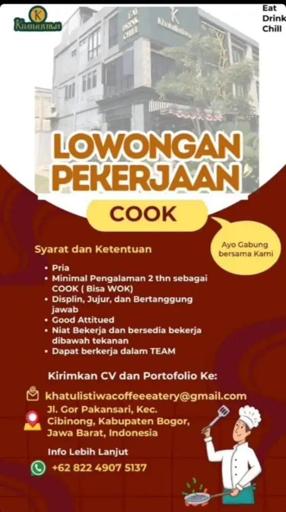 Loker cook untuk di daerah pakansari, Cibinong Bogor