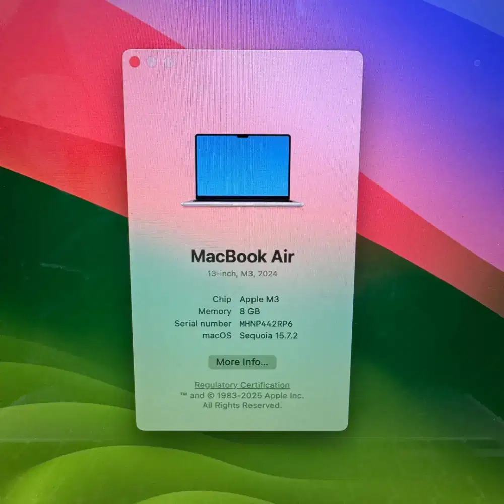 Macbook Air M3 Ram 8 Ssd 256 Layar 13 inch Full set Starlight buat
