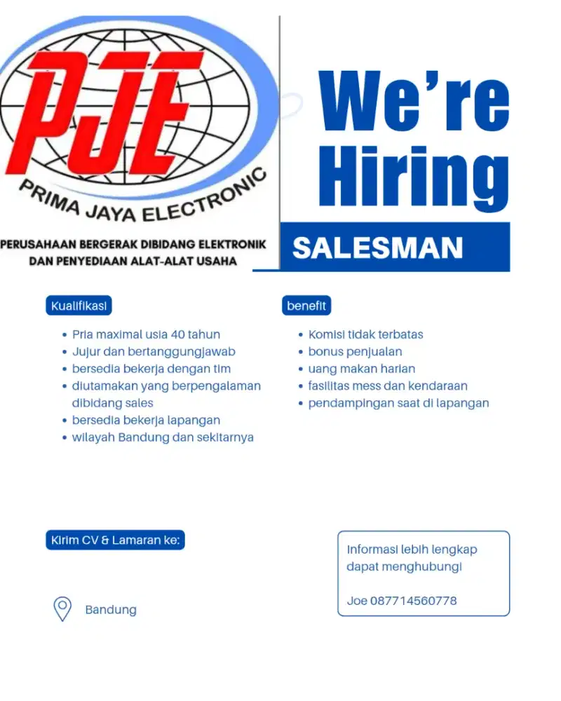 Dibutuhkan marketing sales wilayah Bandung sekitarnya