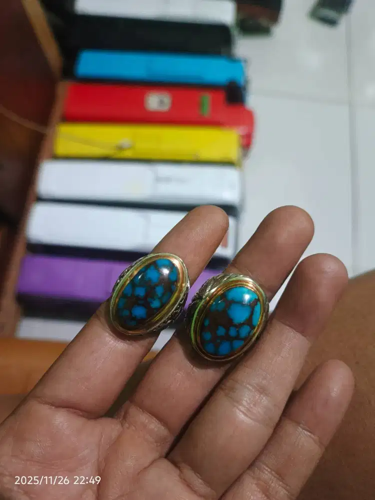 Sepaket pirus mesir serat merah ring koin ukir