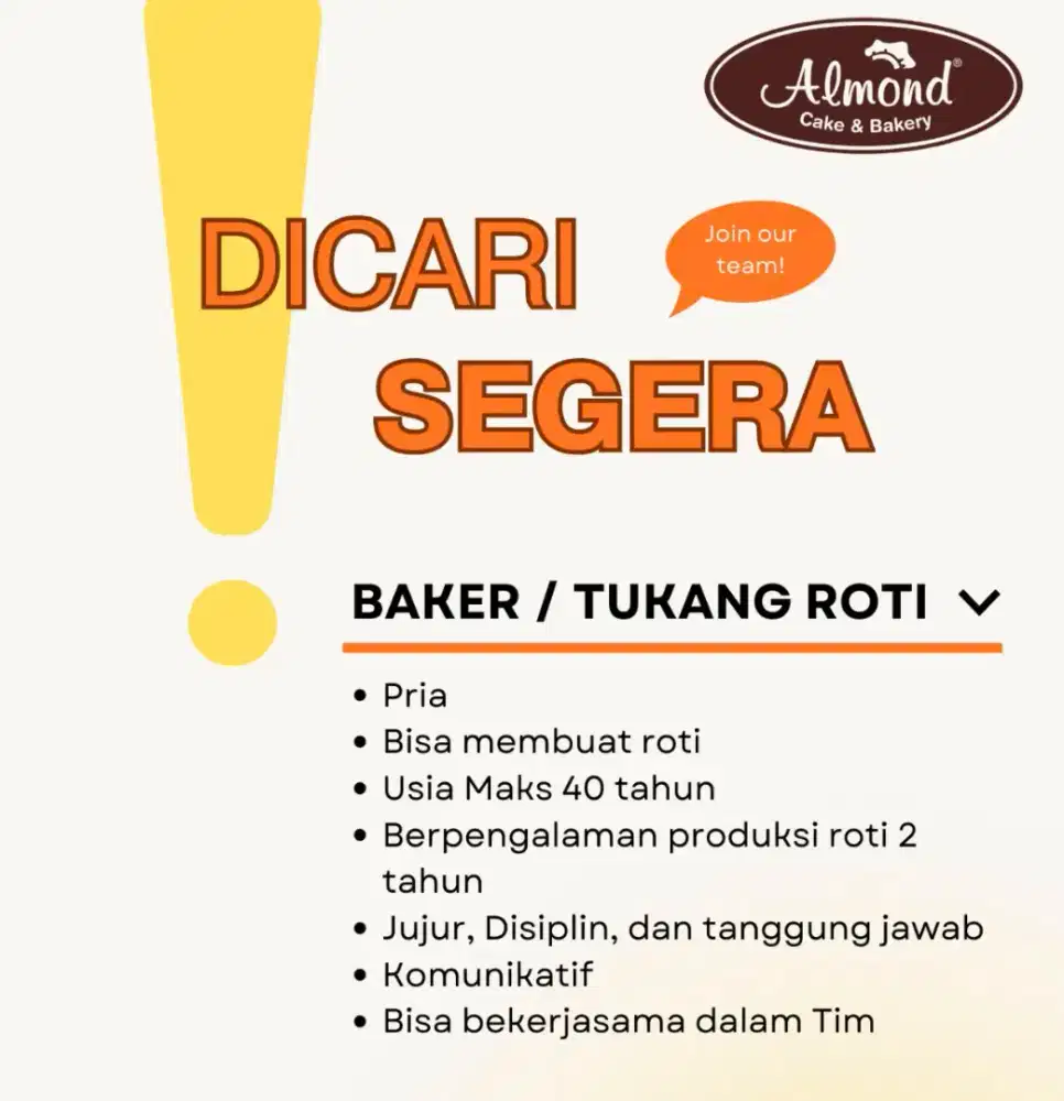 Dicari SEGERA Lowongan utk Baker / Tukang Roti