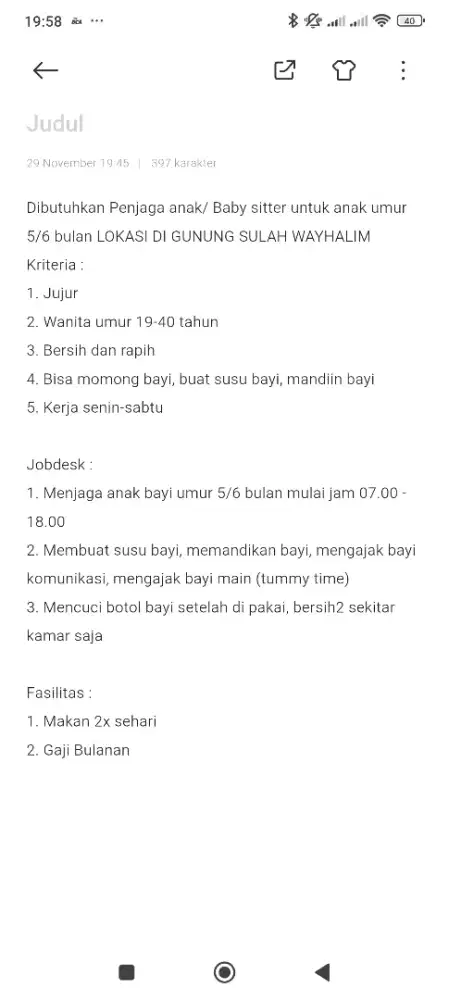 Lowongan pekerjaan karyawan penjaga bayi/baby sitter