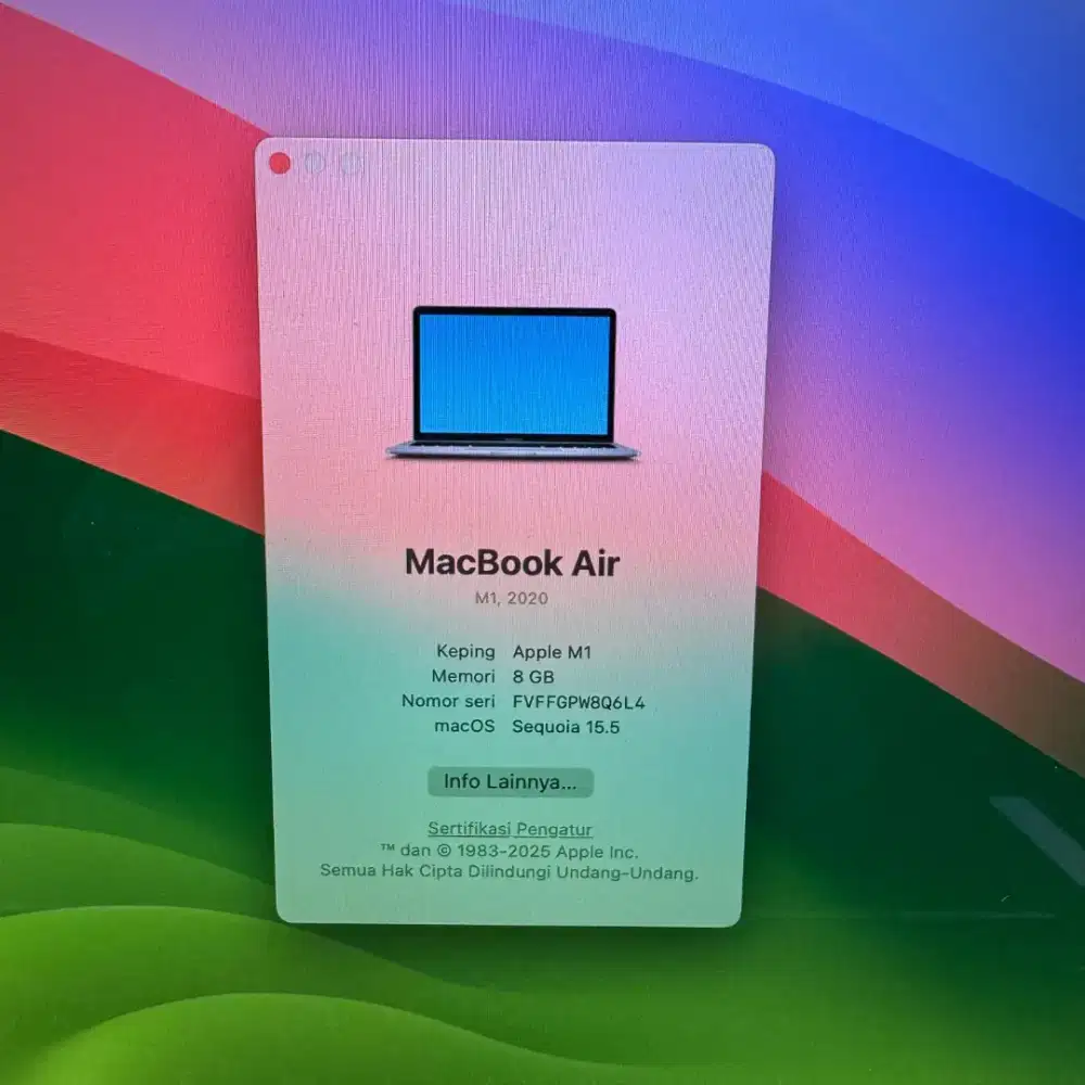 Macbook Air M1 Ram 8 Ssd 256 Layar 13 inch Full set Space Grey