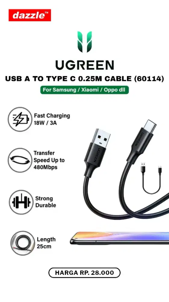 UGREEN USB A TO TYPE C CABLE 0.25M (60114)