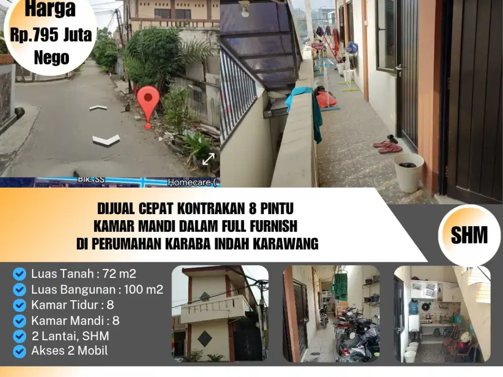 Dijual Cepat Kontrakan 8 Pintu
Kamar Mandi Dalam Full Furnished
 Di Perumahan Karaba Indah Karawang