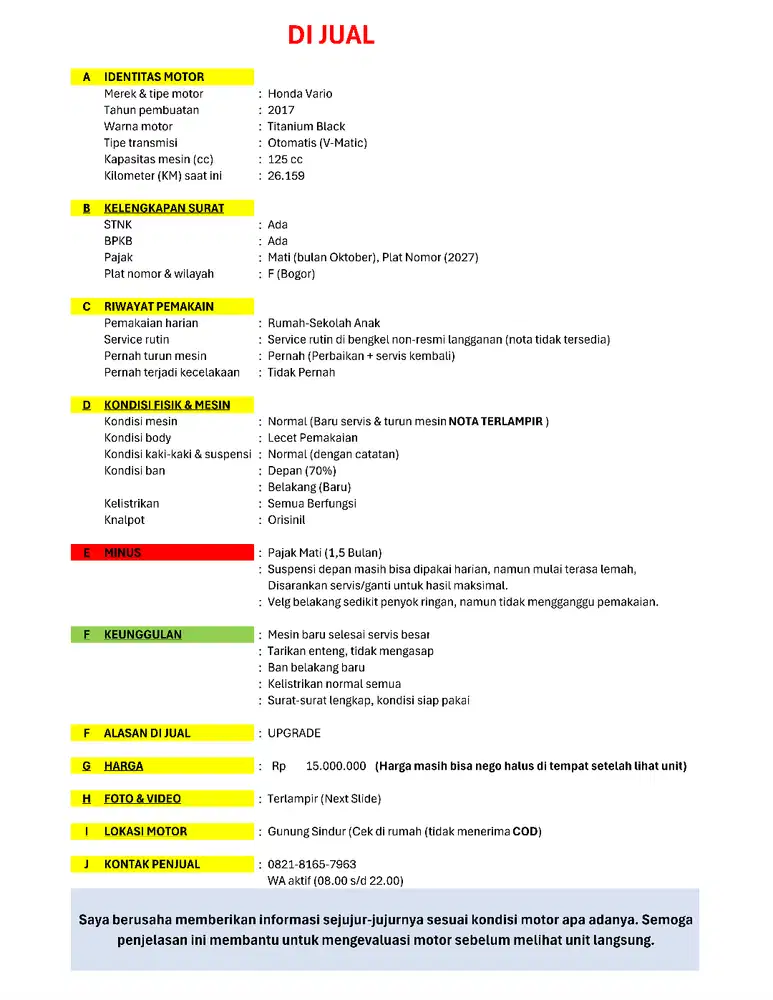 Dijual Honda Vario 125 Tahun 2017 — Plat F (Bogor)