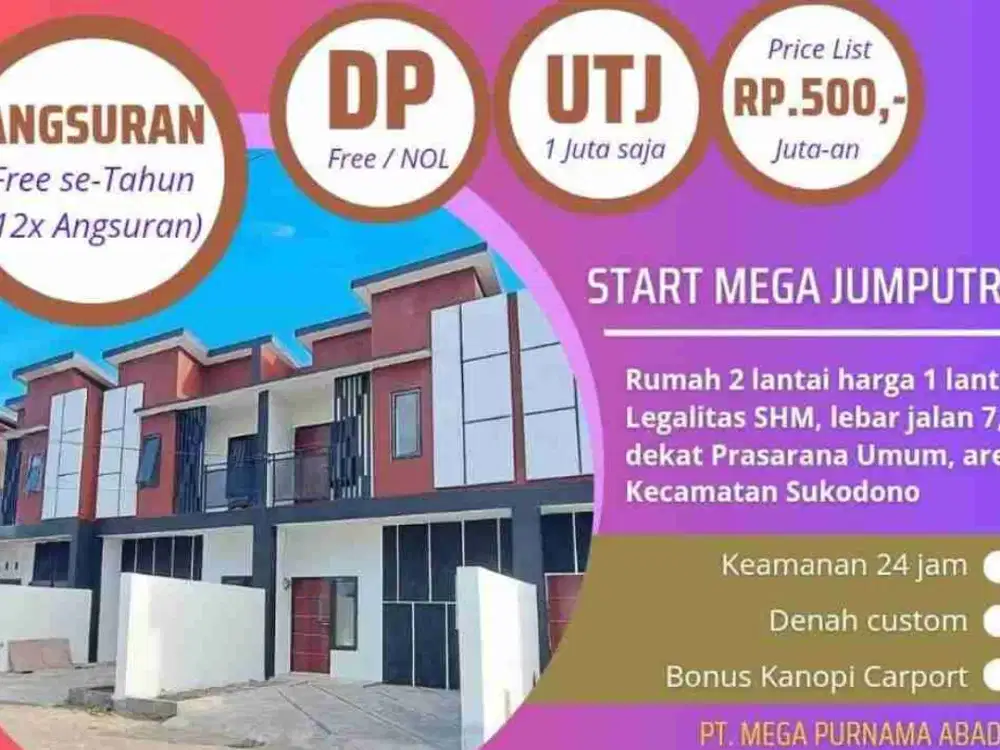 Hunian 2 lantai Sukodono free angsuran 12 bulan,DP 0% saja