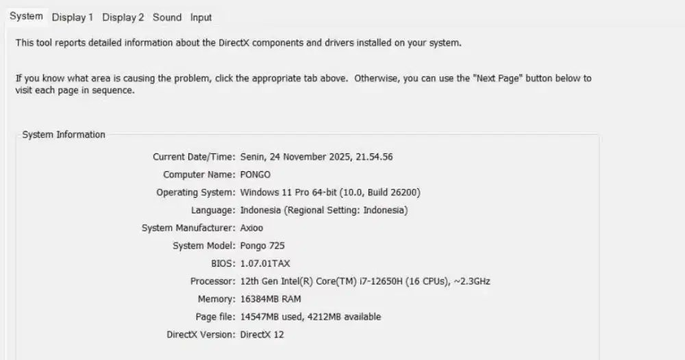 Axio pongo 725 intel I7-12650H RTX 2050 4gb