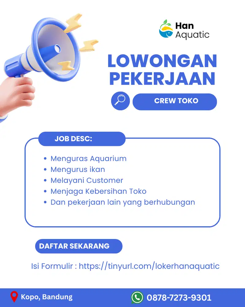 Dicari Karyawan Pria untuk Crew Toko Ikan Hias Aquarium Kopo Bandung