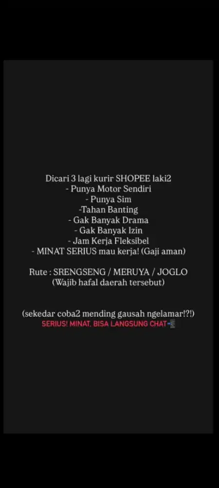 dibutuhkan kurir untuk area srengseng dan joglo