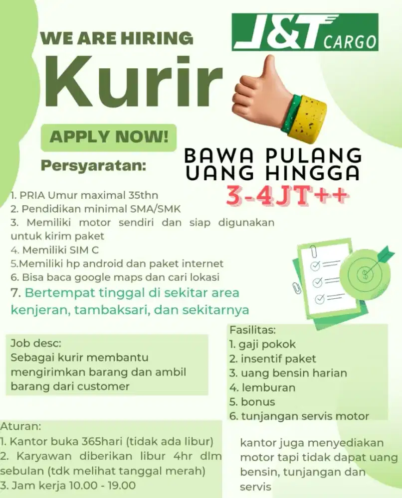 Lowongan kurir motor JNT cargo wilayah kenjeran surabaya