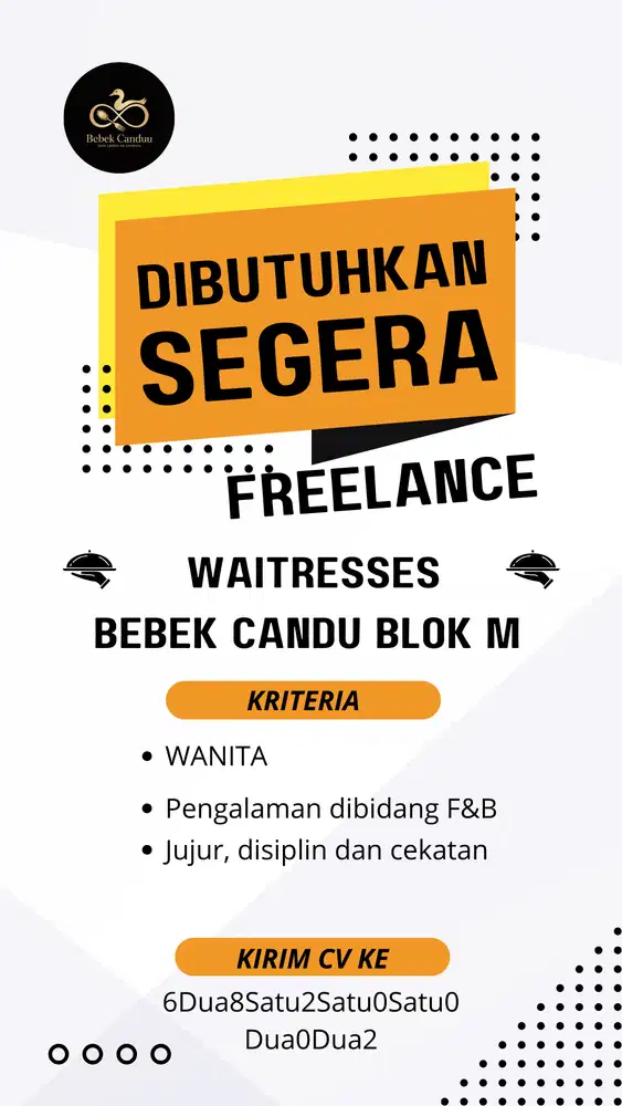 DI CARI SEGERA WAITRESS PEREMPUAN