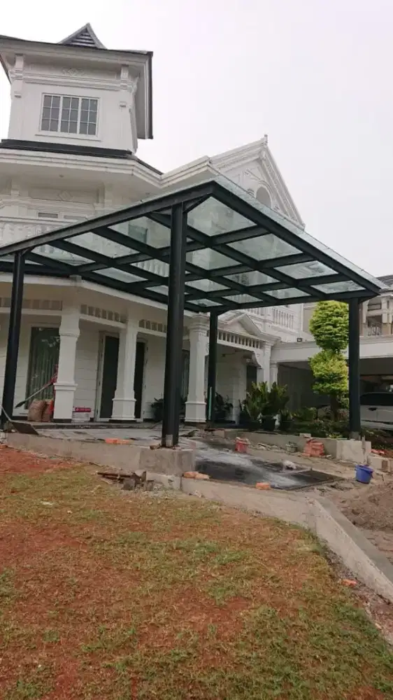 Kanopi kaca tempered,10 mm,rangka besi holo Anti karat