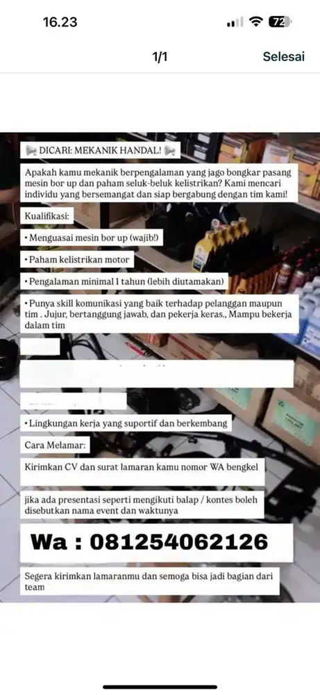 Lowongan kerja mekanik motor pengalaman