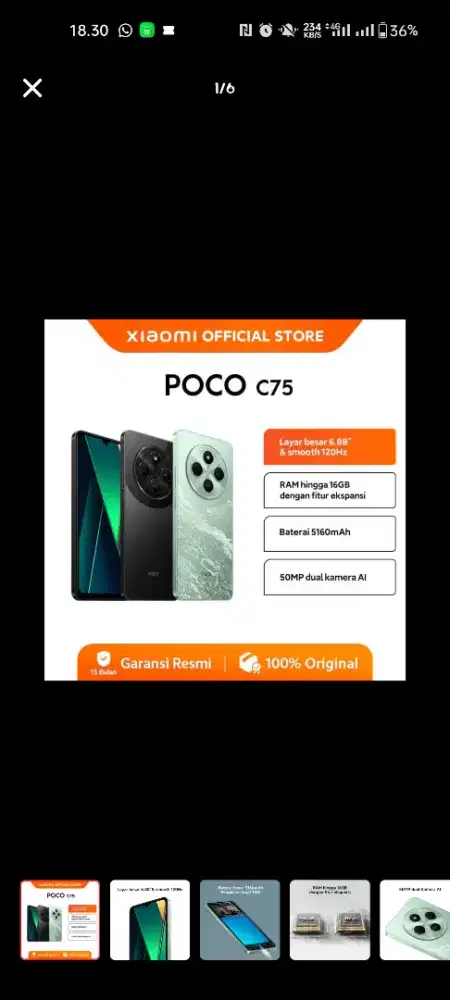 SECOND Poco C75 HP Bekas Garansi Resmi Like New - black 6/128