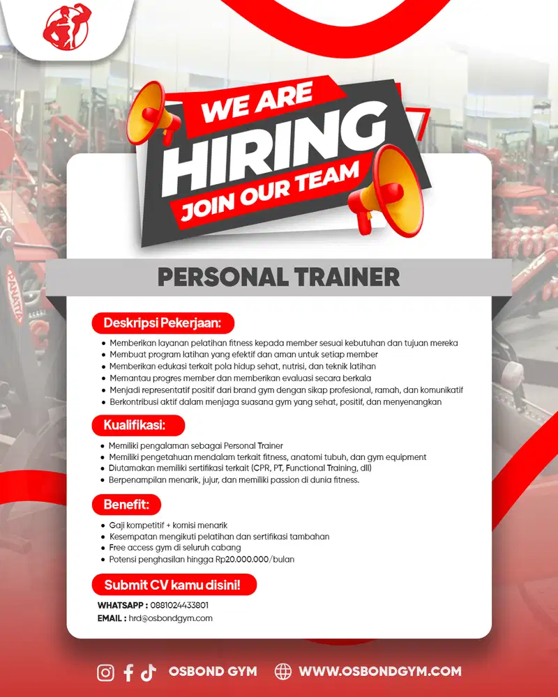 DIBUTUHKAN BANYAK PERSONAL TRAINER OSBOND GYM