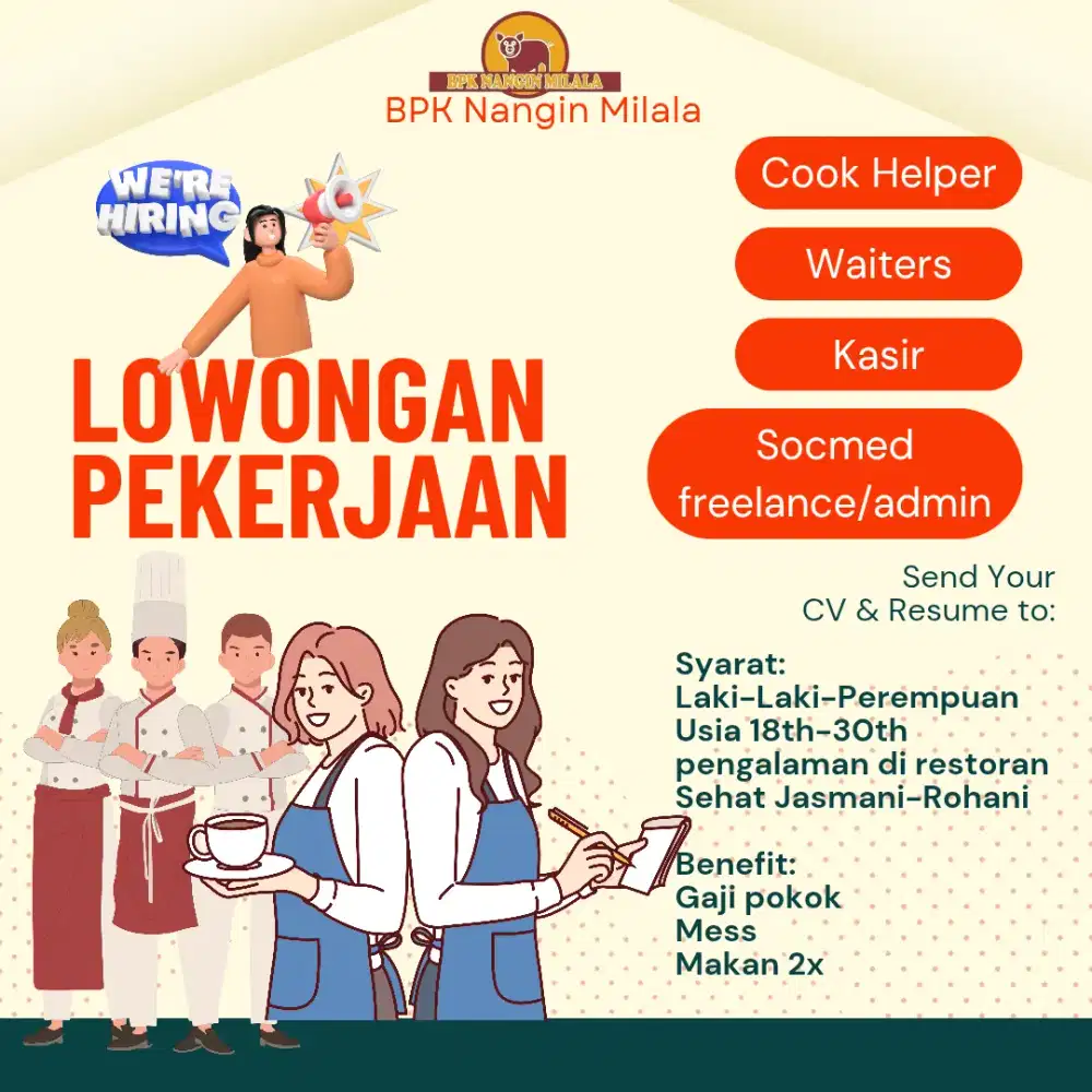 Dibutuhkan segera, Steward, waitress, kasir, helper, server, runner