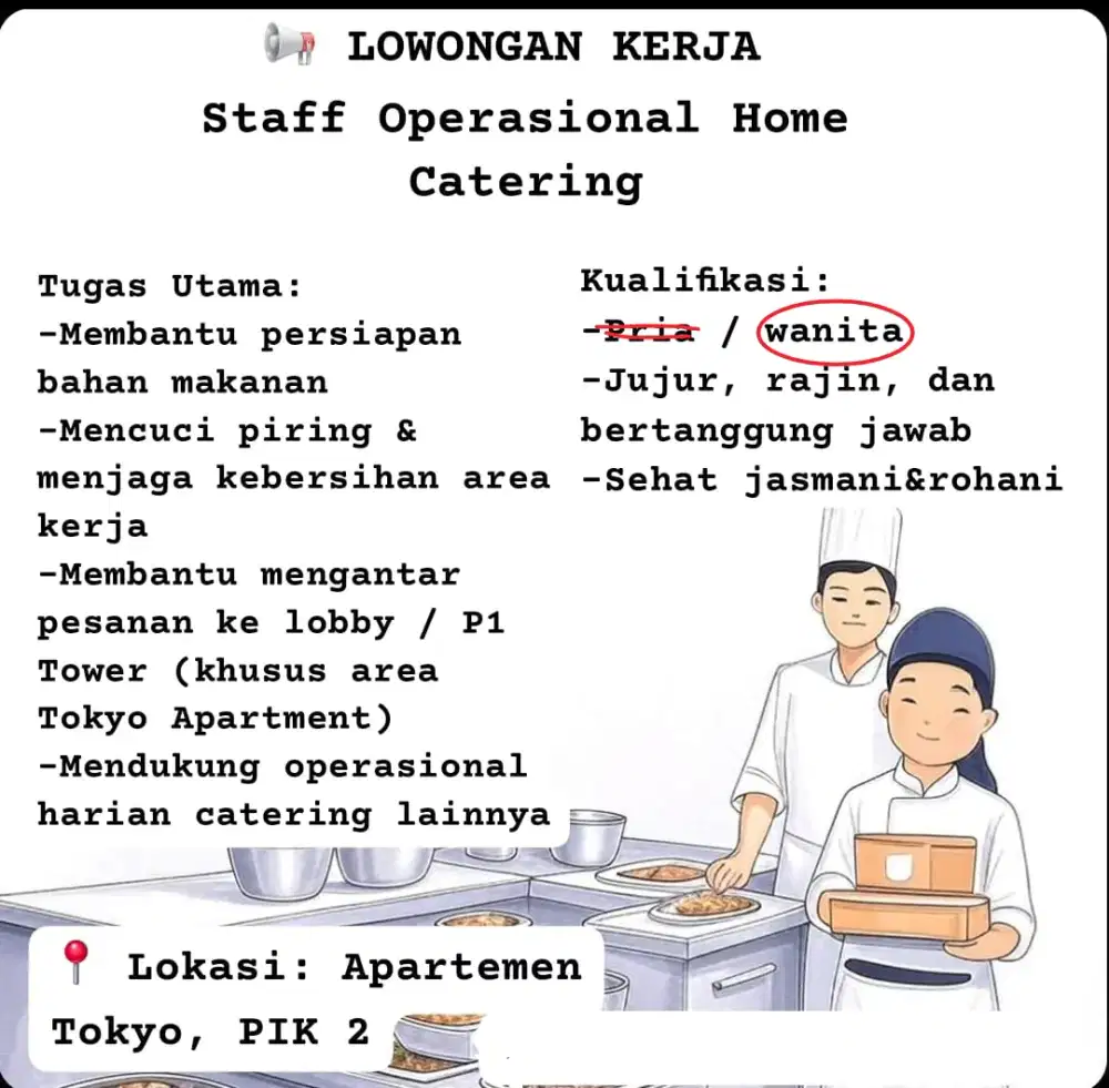 LOWONGAN KERJA – STAFF OPERASIONAL HOME CATERING (PIK 2)