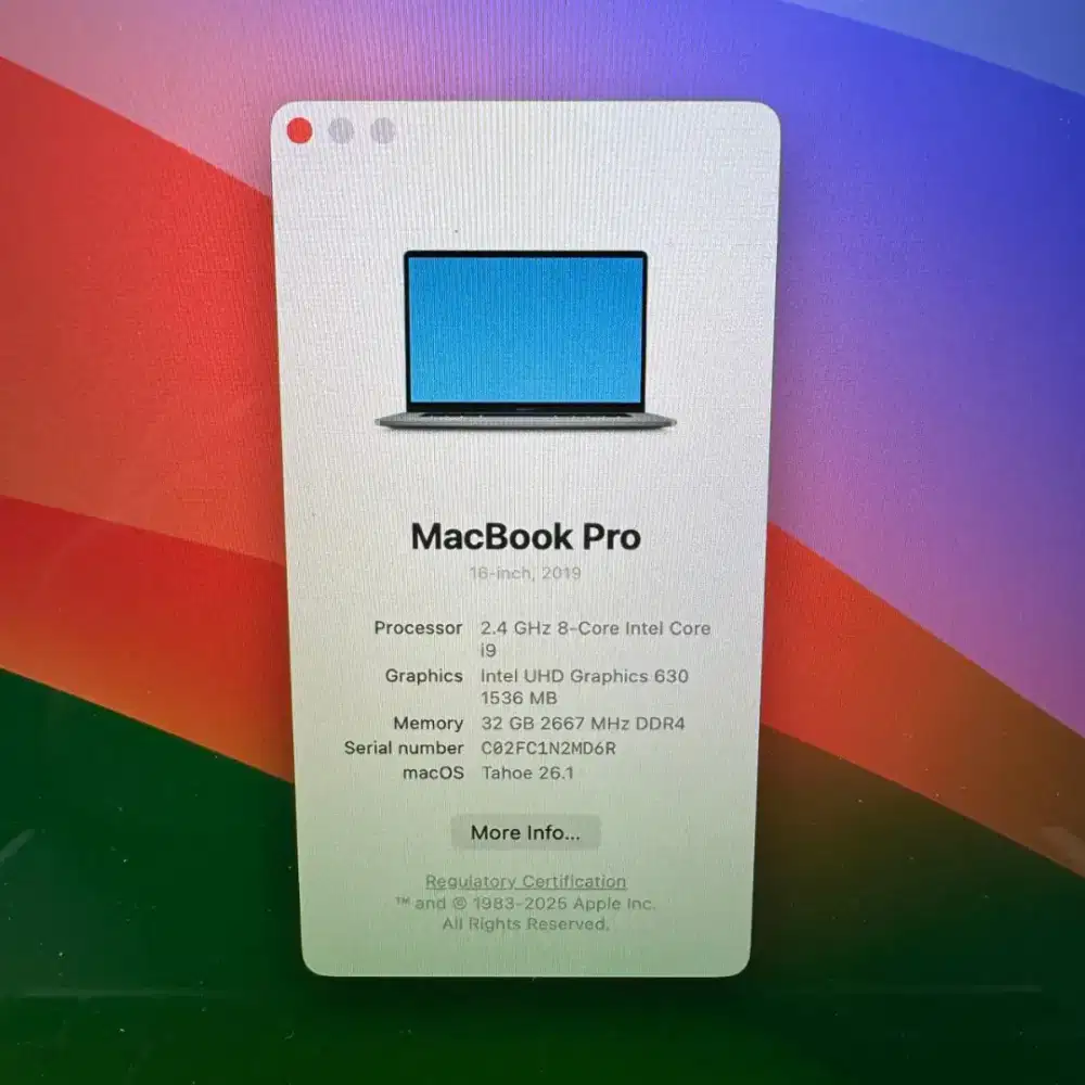 Macbook Pro 2019 layar 16 Inch Ram 32 Ssd 1 Tb Core I9 lengkap full