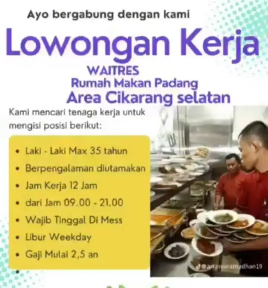 Dibutuhkan waitres dan koki masakan Padang cikarang
