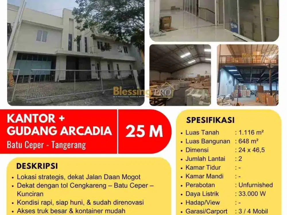 Dijual Gudang plus kantor Arcadia batuceper Tangerang