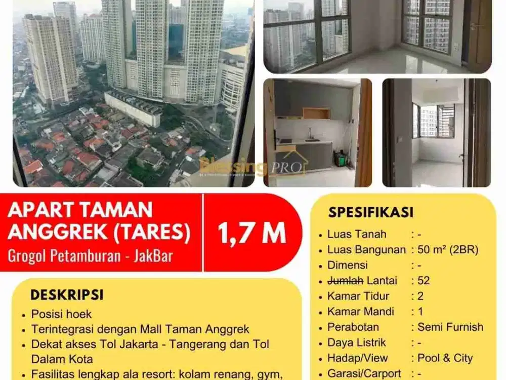 Dijual Apart Taman Anggrek Tares 2BR jakarta barat