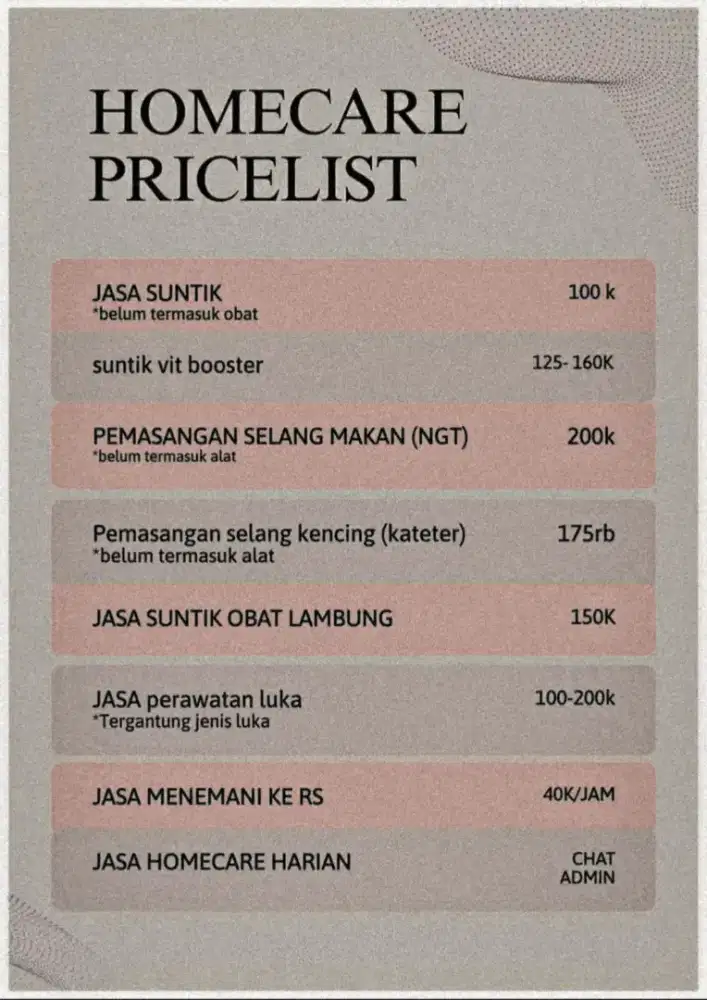 Jasa perawat Homecare (Bisa datang kerumah)