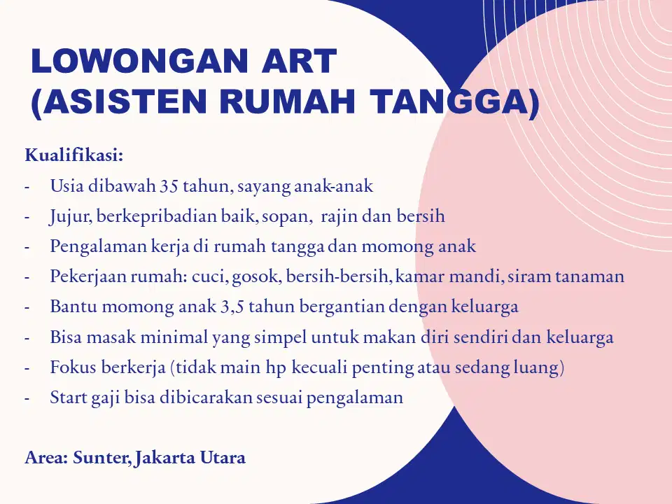 Dibutuhkan ART / Asisten Rumah Tangga