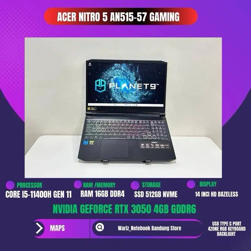ACER NITRO 5 AN515-57 CORE I5-11400H NVIDIA RTX 3050 RAM 16GB SSD 512G