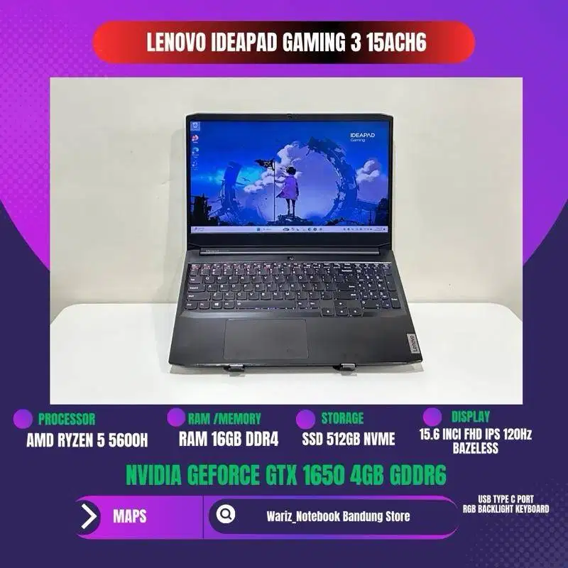 LENOVO IDEAPAD GAMING 3 15ACH6 RYZEN 5 5600H RAM 16GB SSD 512GB 15.6in