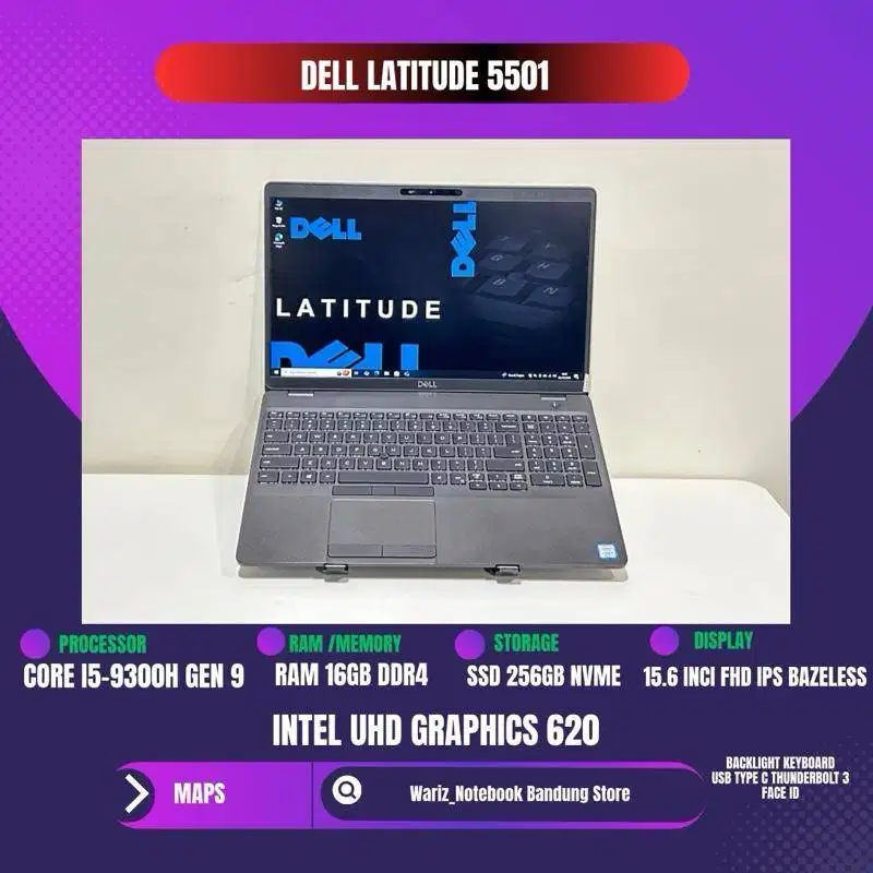 DELL LATITUDE 5501 CORE I5-9300H RAM 16GB SSD 256GB 15.6inci FHD IPS