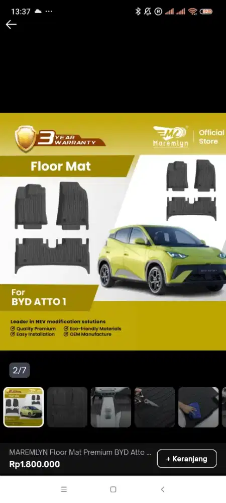 Maremlyn garansi original BYD ATTO1 ATTO 1 FLOOR MAT PREMIUM 7D